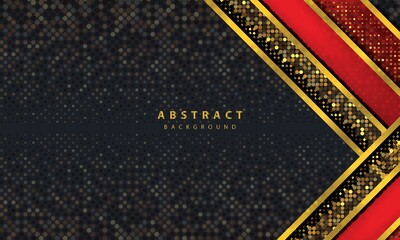 Dark abstract background with red overlap layers. Realistic texture with golden glitters dots element decoration.