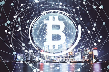 Multi exposure of cryptocurrency theme hologram drawing and city veiw background. Concept of blockchain and bitcoin.
