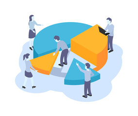 Management and data analyzing  teamwork concept - group of people perform diagram analysis - isometric vector concept with pie fragments and slices - vector illustration