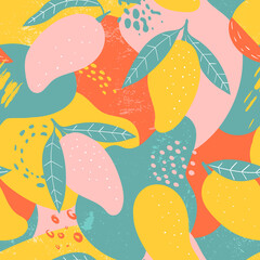  Doodle mango and abstract elements. Vector seamless pattern. Hand drawn illustrations.