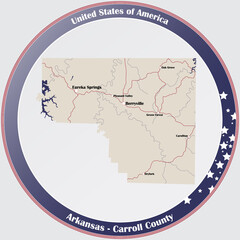 Round button with detailed map of Carroll County in Arkansas, USA.