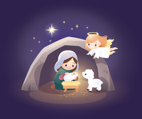 Naklejka premium Nativity scene. Virgin Mary and baby infant Jesus and Angel. Christmas illustration. Christmas symbol.