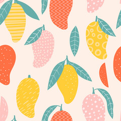 Doodle mango. Vector seamless pattern. Hand drawn illustrations.
