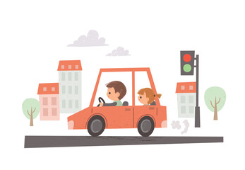 People in the car .Little boy riding a car through city streets. Father with daughter. Cartoon vehicle.