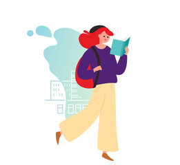 Young girl holding pile of books. Woman hold pile of books, flat vector illustration.