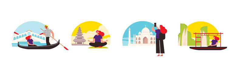 Woman traveling around the World. Set of travel illustrations, pictures sketches scenes. Thailand. India. Bali. Venice. Traveling concept. Traveler's icons. © olgache