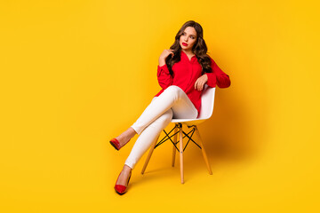 Full size photo of attractive business lady sit comfy chair serious person look side empty space...