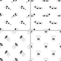 Set of fast food patterns. The set includes a pattern of pizza slice, sandwich,gyros, coffee. Patterns of black icons in a linear style on a white background.