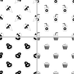 Set of fast food patterns. The set includes a pattern of ice cream, muffin, donuts, shake. Patterns of black icons in a linear style on a white background.