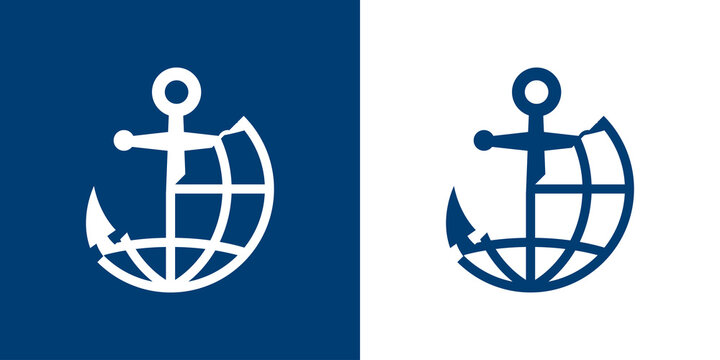 Logotipo estilo nautical. Icono plano ancla dividida con globo terr&aacute;queo en color azul marino y blanco
