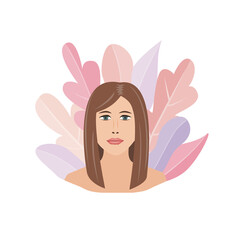 Beautiful young woman portrait on leaves background. Health, beauty, and Self improvement concept. Female character, isolated vector illustration in cartoon flat style