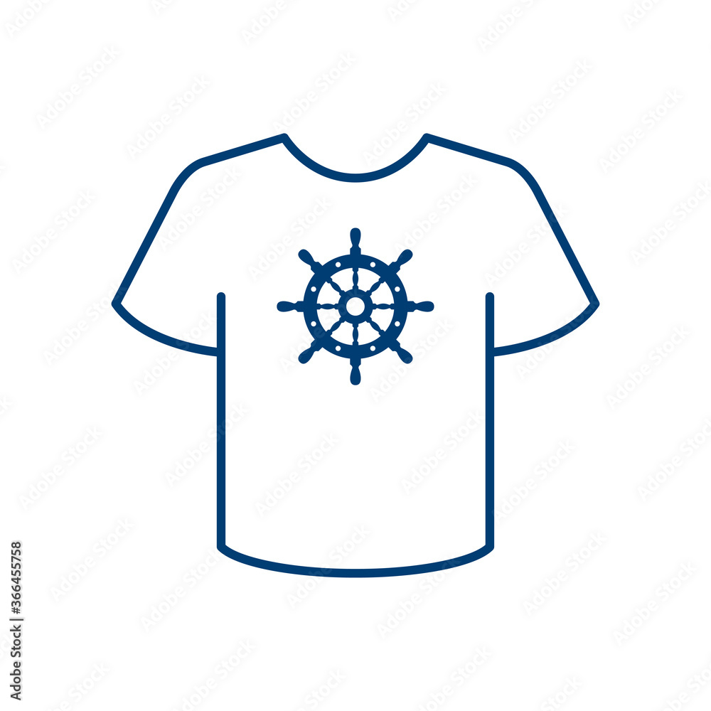 Poster logotipo estilo nautical. icono plano timón en camiseta lineal en color azul marino