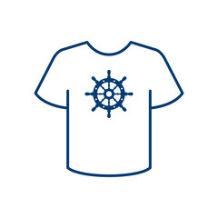 Logotipo estilo nautical. Icono plano timón en camiseta lineal en color azul marino