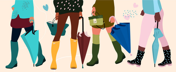 Set of four pairs female legs in cool rubber boots and hands with different types of trendy umbrellas.Hand drawn pastel colored vector poster.Different ethnicities.Banner for fashion boutique,shopping