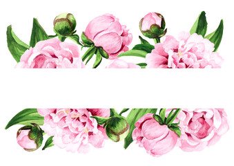 Pink peony Flower border and card Hand drawn watercolor illustration, isolated on white background