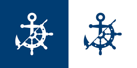 Logotipo estilo nautical. Icono plano timón y ancla divididos por la mitad en fondo azul marino y fondo blanco