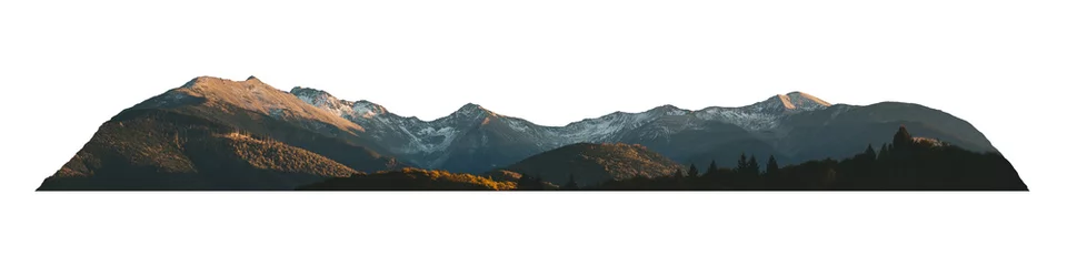 Stof per meter Panoramic Mountains with snow  and forest isolated on white background © Miha Creative