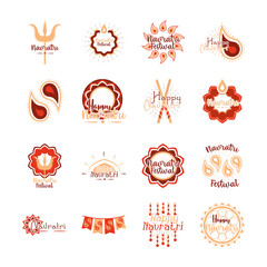 happy navratri indian celebration, goddess durga culture traditonal icons set flat style