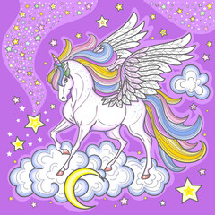 Obraz na płótnie Canvas A beautiful white unicorn with a rainbow mane among the clouds and stars. Vector illustration.