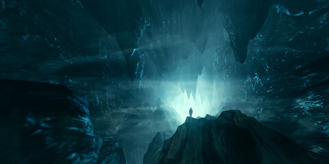 Fototapeta premium man exploring dark fantasy cave 3d illustration