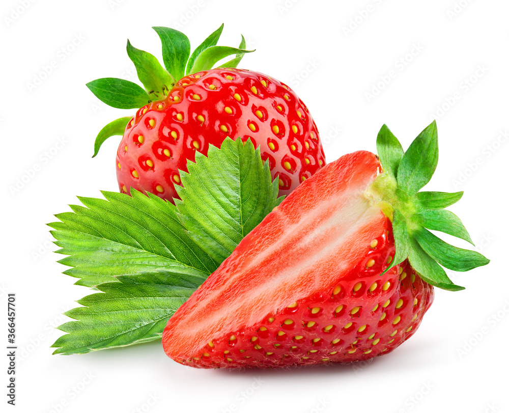 Wall mural strawberry isolated. strawberries with leaf isolate. whole, half, cut strawberry on white. strawberr - Wall murals