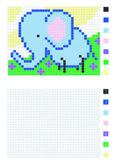 Pixel cartoon elephant in the coloring page with numbered squares, vector illustration