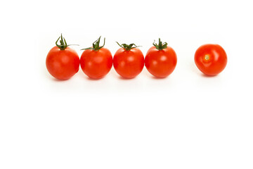 cherry tomatoes in a row on a white background
