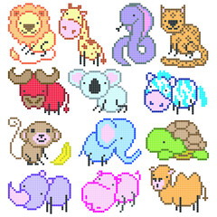 Big pixel animals set, vector illustration