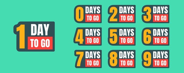 One-ten days to go yellow, white, red, black promotion vector badges on green background. Countdown left days banner, poster, flyer, sticker set elements. Best deal symbols