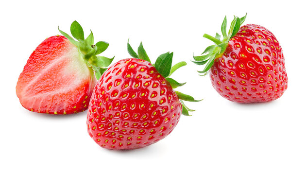 Strawberries isolated. Strawberry with leaf isolate. Whole, half, slice strawberry on white. Three strawberries isolate. Side view organic strawberries.