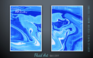 Vector. Fluid art. Liquid marble texture. Blue wave effect. Art brush strokes with acrylic paints. Trendy modern background. Abstract painting. Template for posters, book covers, presentations.