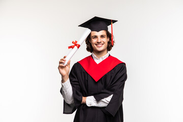 Cheerful young graduated student man isolated on white background