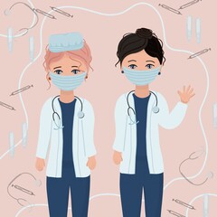 Fototapeta premium A poster, postcard, banner, brochure with two female doctors with elements on the pink background, illustration, print, websites design 