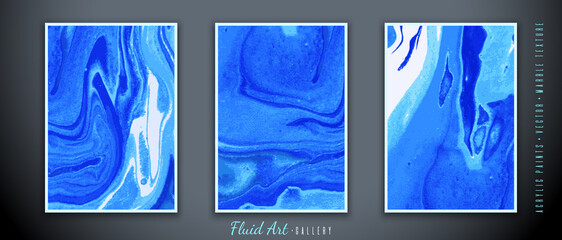Fluid art. Vector. Blue background. Abstract illustration with acrylic paints. The effect of flowing liquid and marble texture. Spray paint. Handwork with a brush. Template for design projects.