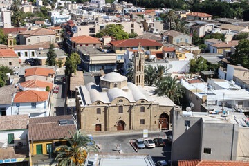 View of the Church of St. Savva and the roofs of houses in Nicosia from the observation deck of Shacolas Tower. Nicosia. Cyprus.