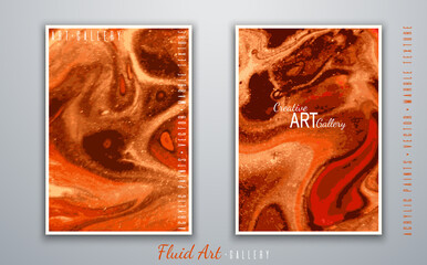 Vector. Fluid art. Liquid marble texture. Bright yellow and orange colors. Art brush strokes with acrylic paints. Trendy modern background. Abstract painting. Template for invitations, book covers.