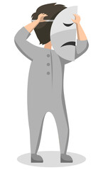 Drama club for pupils after lessons. Boy playing scene on stage with mask on his face. Dramatic performance, talented child acting alone. Back to school concept. Flat cartoon vector illustration