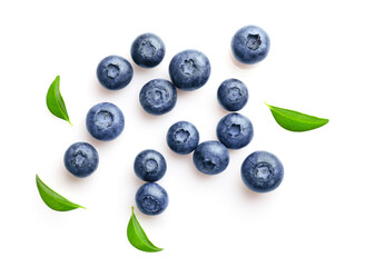 Fresh ripe blueberries isolated on white background. Top view. Copy space.