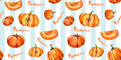 Seamless pattern with pumpkins and lettering for halloween and Fall on whiteand blue striped background. Watercolor hand painted orange round and cut pumpkins. autumn textile, wrapping paper, fabric.