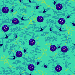 Seamless pattern with funny cartoon blueberries. The color combination of leaves and berries goes well with any background.