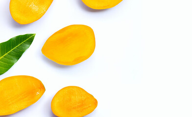 Tropical fruit, Mango slices on white background.