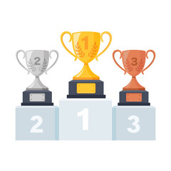 Gold, silver, bronze trophy cup, goblet on podium, pedestal isolated on background. 1st, 2nd, 3rd place. Handing awards to winner. Vector illustration
