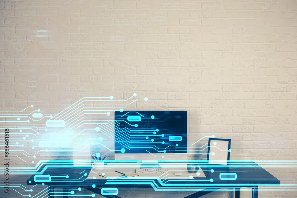Poster Double exposure of desktop computer and technology theme hologram. Concept of software development.