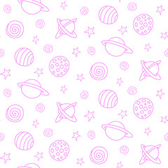 Baby space seamless pattern. Cartoon pink outline planets and stars. Vector cosmic background and texture. For kids design, fabric, wrapping paper, wallpaper, textile, apparel