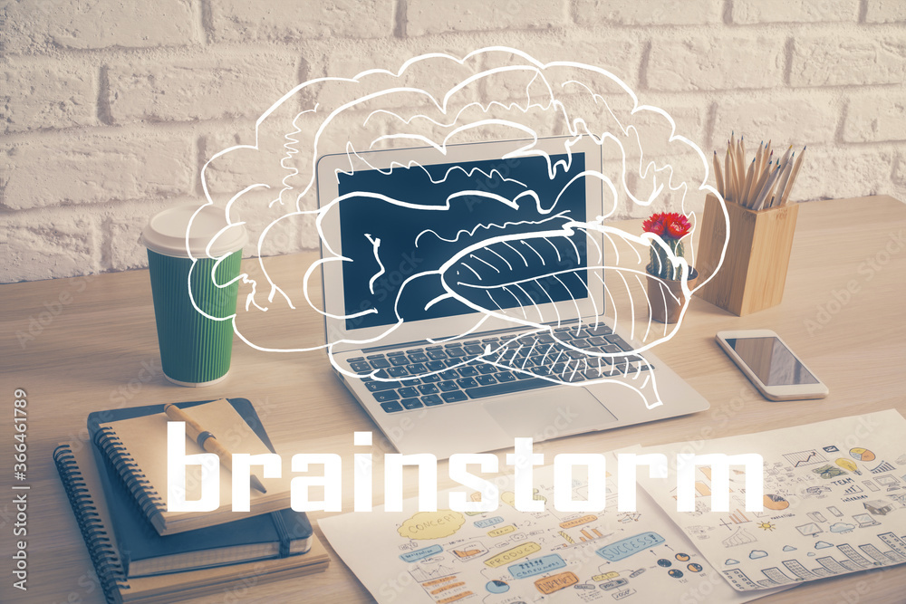 Poster desktop computer background in office and start up theme hologram drawing. double exposure. startup 