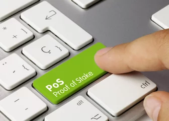 Tuinposter PoS Proof of stake - Inscription on Green Keyboard Key. © momius