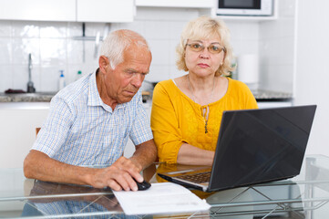 Mature man and woman discussing while looking at laptop together at home