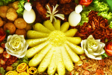 Nasi Tumpeng, traditional Indonesian cuisine made from yellow rice cone.