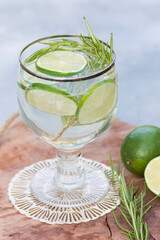 Glass of gin and tonic with lime slices and rosemary.