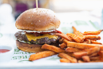 Close up of hamburger and chips food.